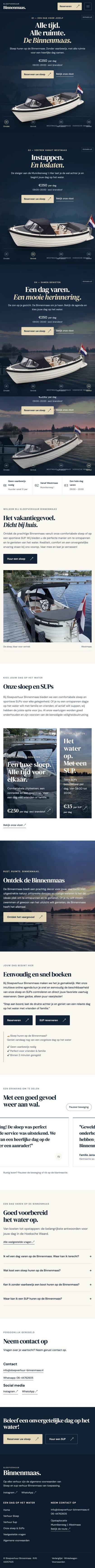 De volledige homepage van Sloepverhuur Binnenmaas, van de sloep op het water tot het contact